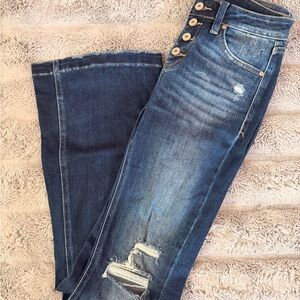 KanCan Dark Blue Flare Jeans with Distressed Details